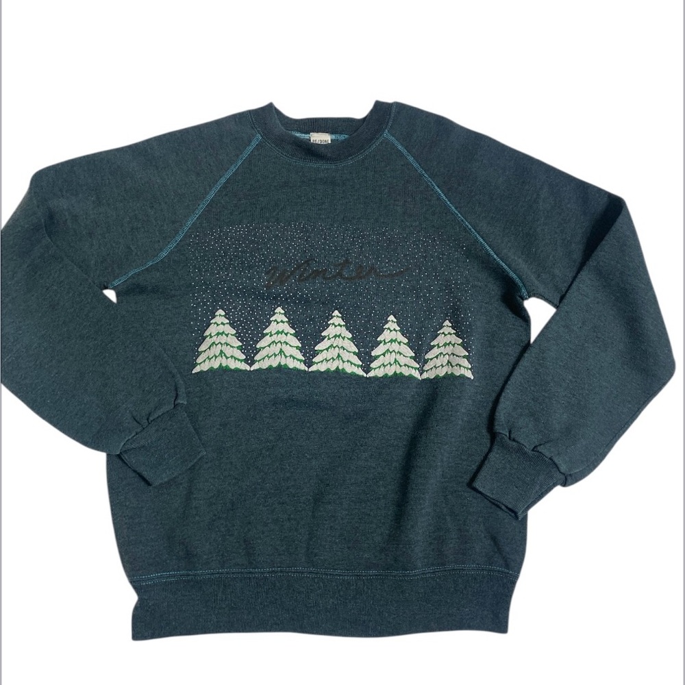 Re/Done Dark Green Crewneck Sweater with Tree Pattern